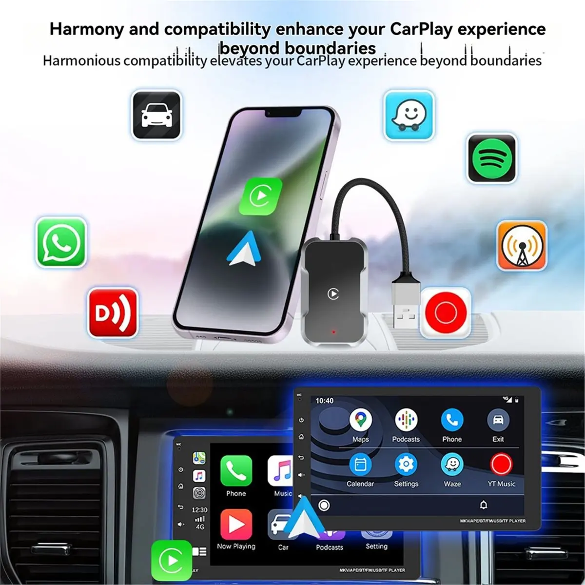 محول Carplay اللاسلكي 2 In1 Android AUTO Smart AI Box Carplay WiFi وBluetooth CarPlay السلكي إلى Carplay اللاسلكي