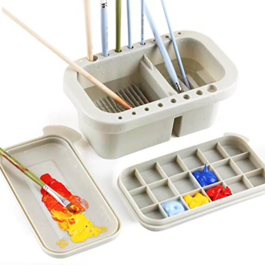 

Multi-Use Paint Brush Basin with Brushes Holder, Washer, Trays, Palette Box-Artist Cleaner Cup for Watercolor Oil Acrylic Gouac