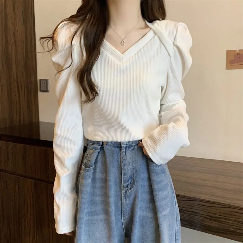 Autumn and Winter New Large Size Slim Premium V-Neck Underlay Laydown Shirt Thickened Bubble Long Sleeve T-shirt