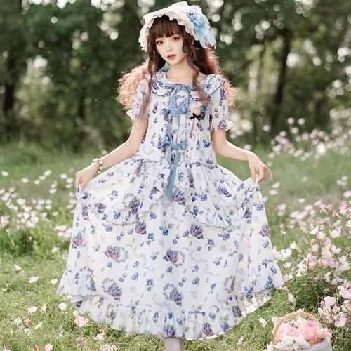 하라주쿠 오리지널 디자인 시골 블루베리 프린트 가짜 오픈 탑, 여름 로리타 카와이 소녀 공주 세트, 티 파티, 사전 판매  Best5