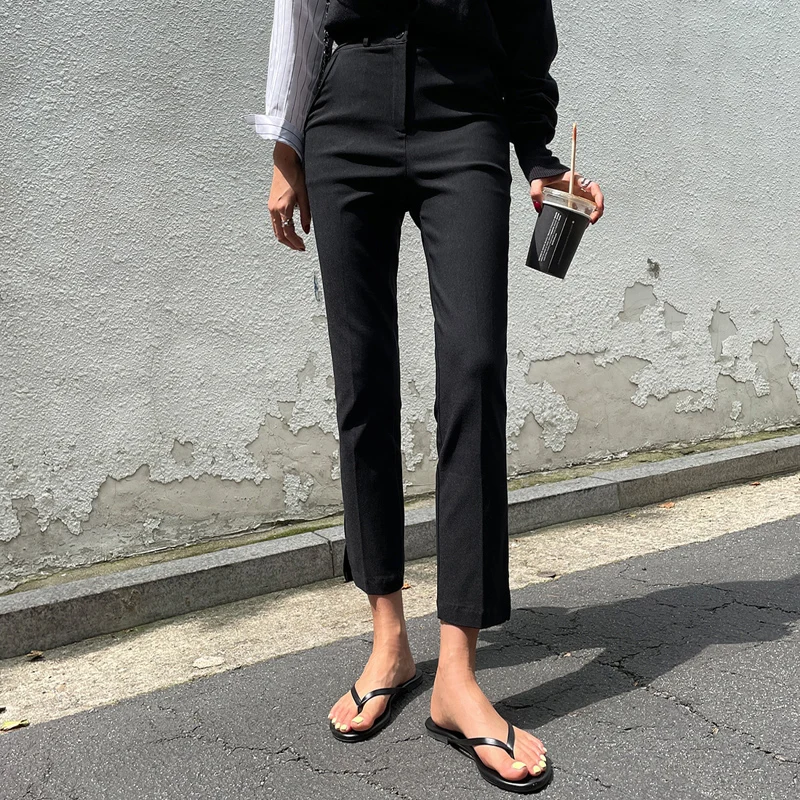 黒のハイウエスト9点セット レディースシガレットパンツ 伸縮性ストレートレッグ カジュアルスリット入りパンツ 韓国風通勤パンツ