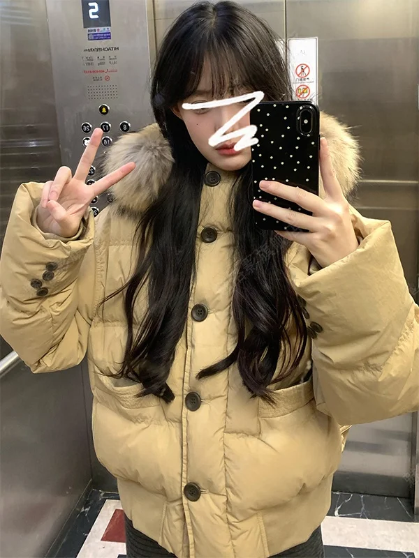 

Корейский стиль: короткая утепленная зимняя куртка из хлопка с большим меховым воротником, модное женское пальто на пуговицах, теплое пальто.