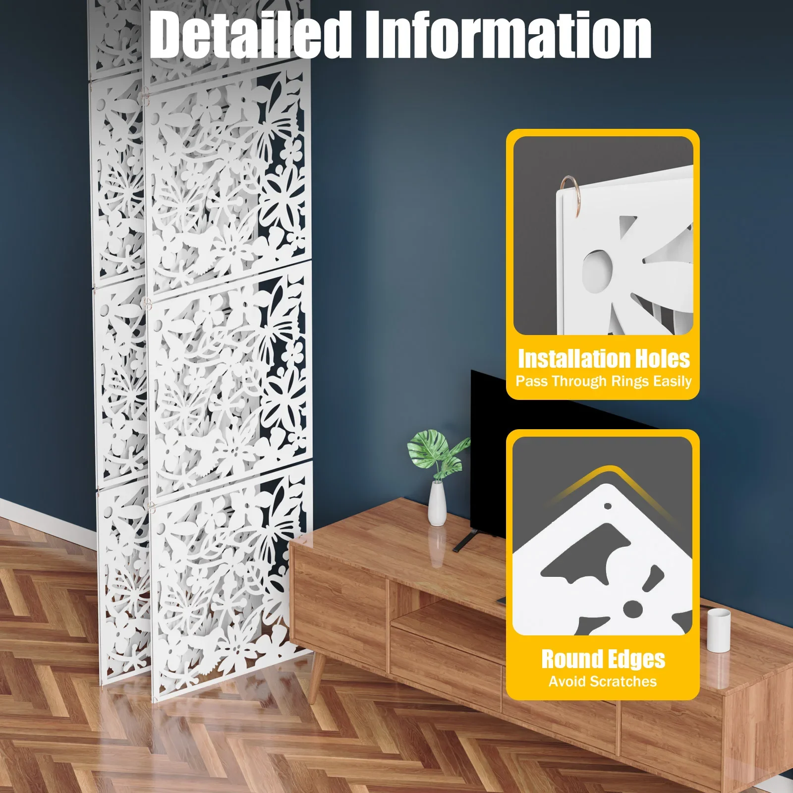 12 Stück weiße quadratische Raumteiler-Bildschirm-Hängepaneel-Vorhang-Trennwände, DIY-Kunst-Dekor, hohle Blumen-Vogel-Muster, 40 x 40 cm