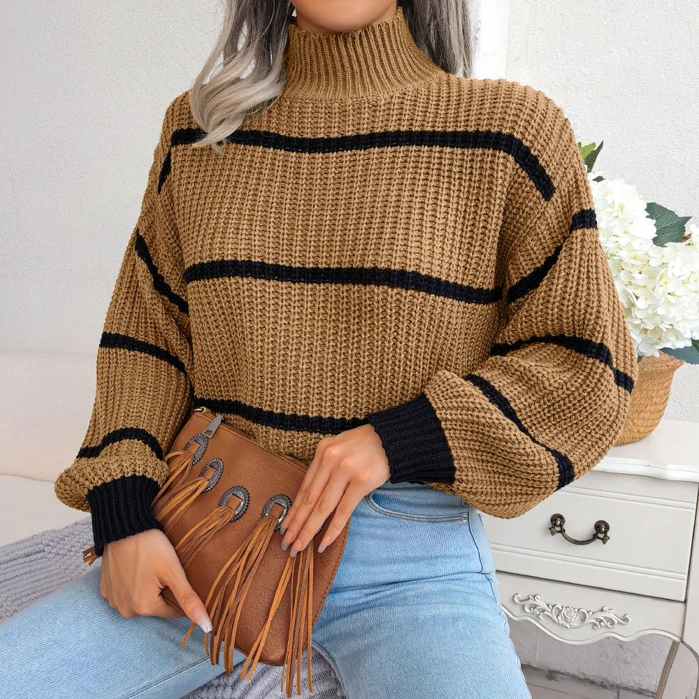 EVNISI Casual Women Mock Neck Sweater Lantern Sleeve Loose Solid Knit Pullover Autumn Winter Long Sleeve Office Women Jumpers