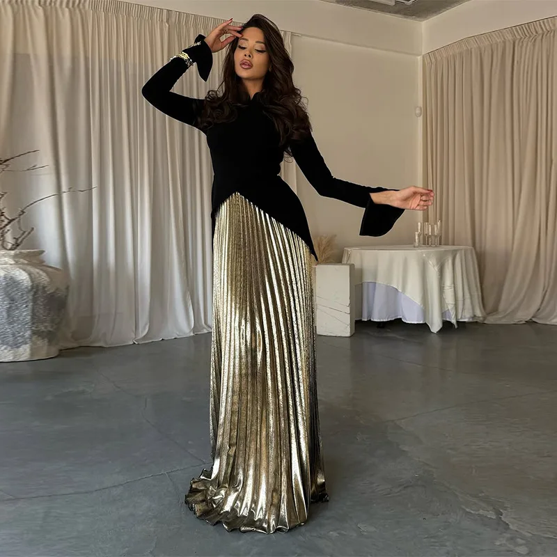 

2025 New Fashion Women's Casual Trendy 2 Piece Sets Slim Long Sleeve Stand Collar T-shirts Ankle Length A-line Pleated Skirts