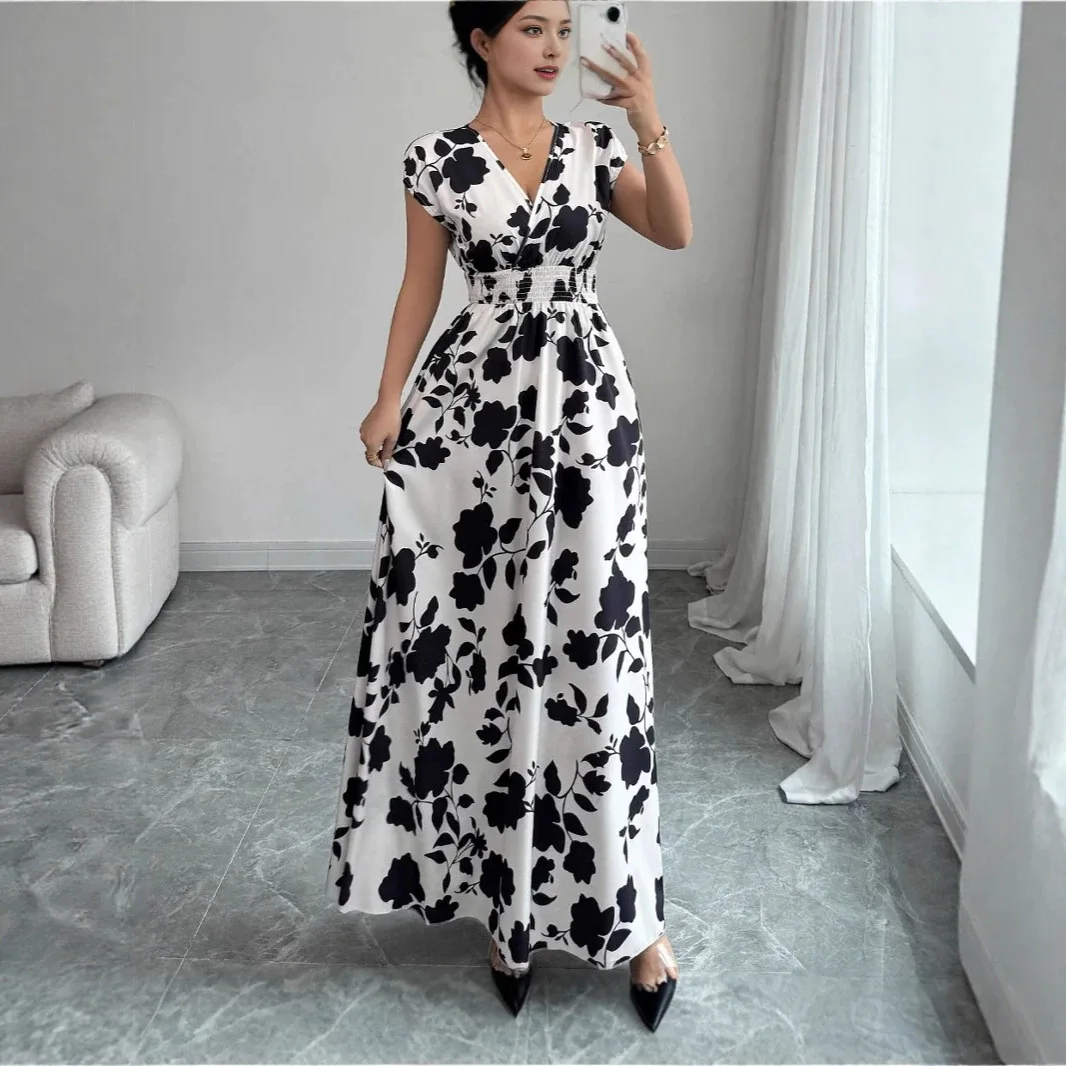 Damenkleider 2026 Kurzärmeliges Schnürkleid mit neuem Aufdruck, V-Ausschnitt, langes Sommerkleid, tailliertes Damenbekleidung Vestidos