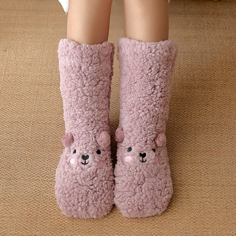 Thermal Socks Fluffy Women Winter Warm Plush Soft Female Silicone Anti Slip Non Kawaii Funny Cute Bear Short Fuzzy Sock Casual