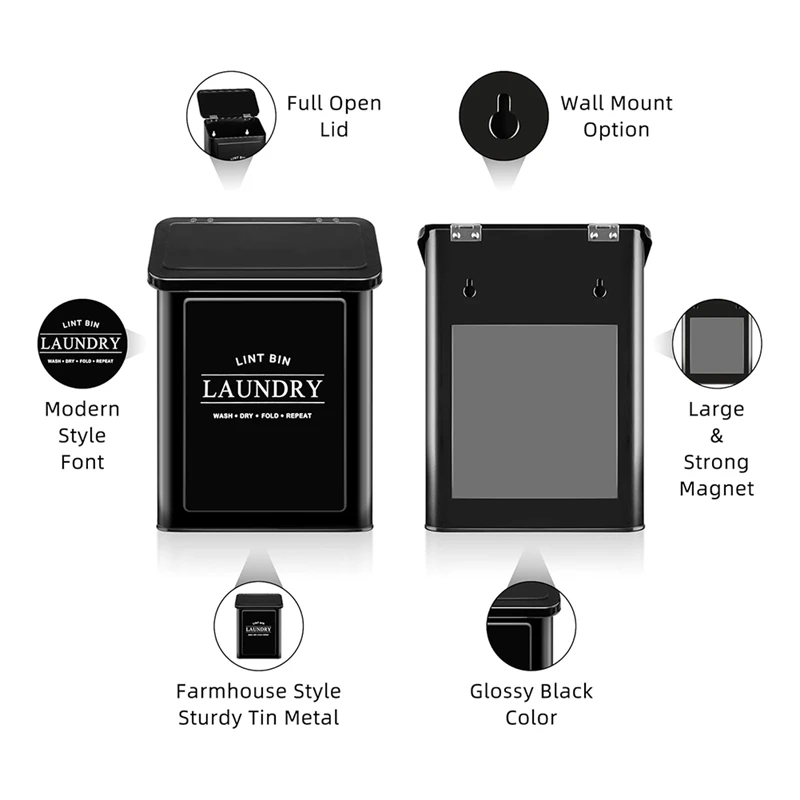 Magnetic Lint Bin for Laundry Room, Metal Lint Container with Lid and Brush, Wall Mounted Lint Box for Dryer Black