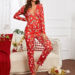 Latest Women's Pajamas Christmas  Jumpsuit Button V Neck Long Sleeve Christmas Cartoon Print  Pajamas