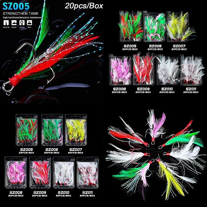 

20pcs Feather Treble Hooks, Feather Hooks Lure, Strong Round Bend Sharp Barbed Treble Hooks to Catch Bass