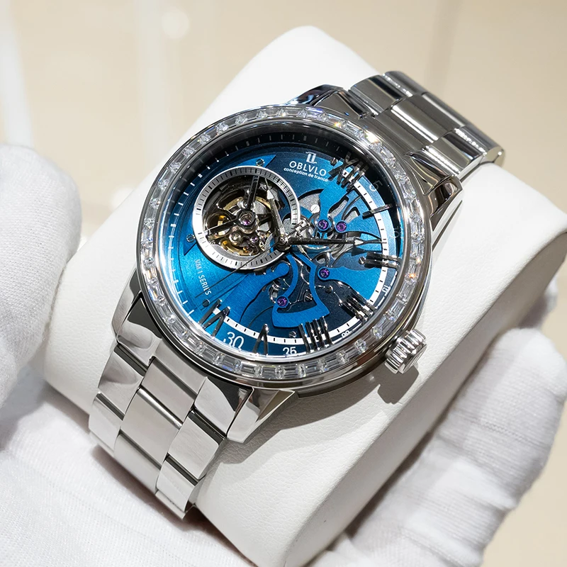 Oblvlo relógio automático masculino 42mm relógio de pulso mecânico de luxo 50m à prova dwaterproof água luminosa esqueleto dial safira espelho moldura cristal