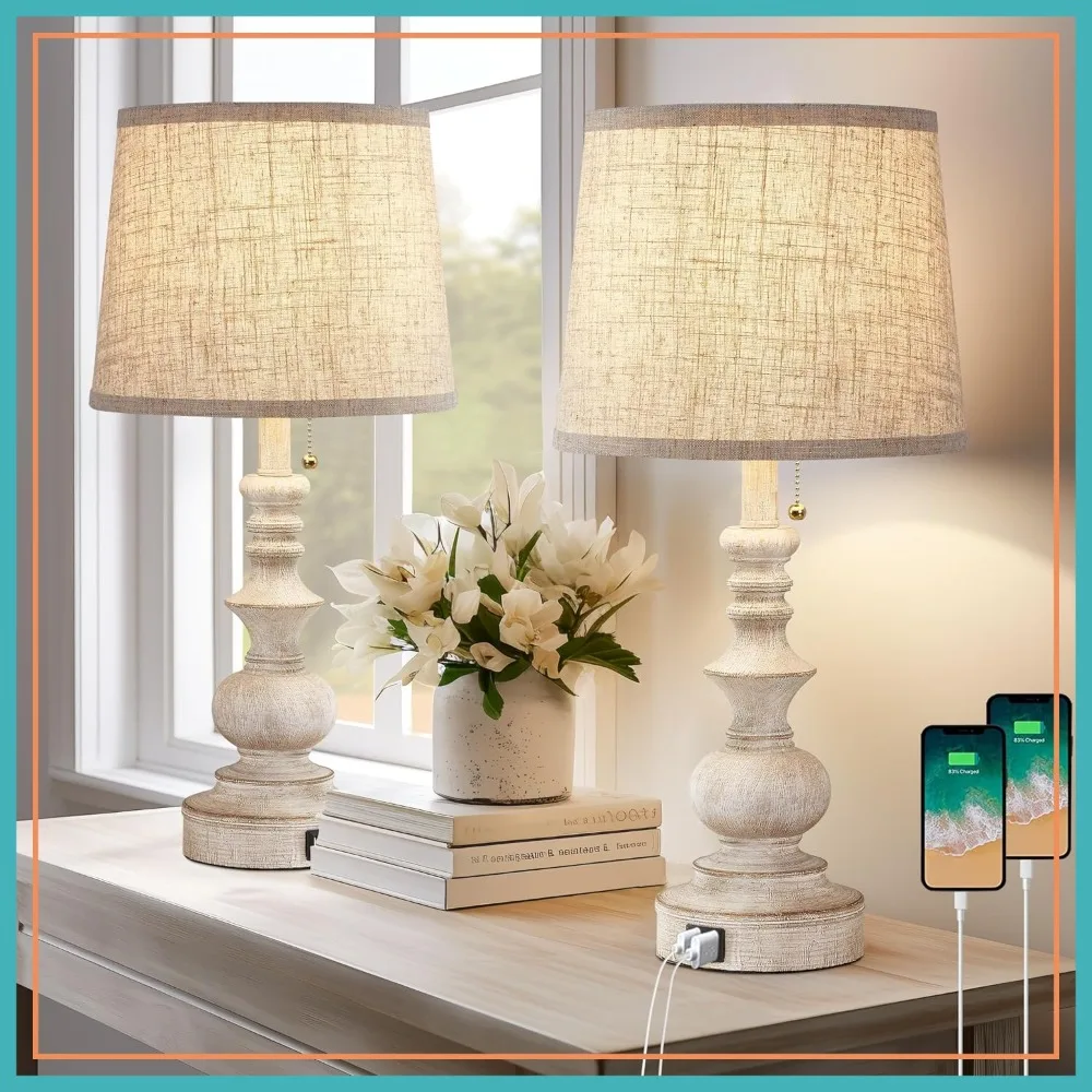 

Farmhouse Table Lamps Set of 2 with USB Ports, Wooden Finish, Pull Chain for Bedroom Living Room Nightstand