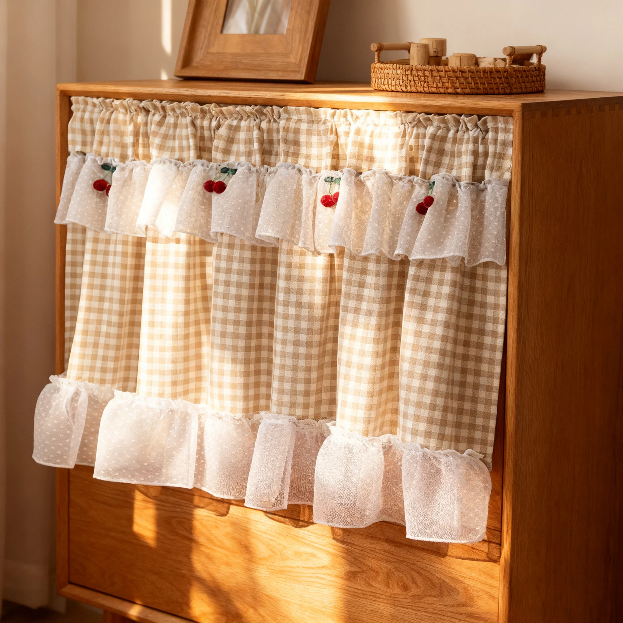 French Country Ruffle Design Plaid Curtain with Cherry Decoration, Rustic Farmhouse Curtain for Kitchen Windows Half Curtain