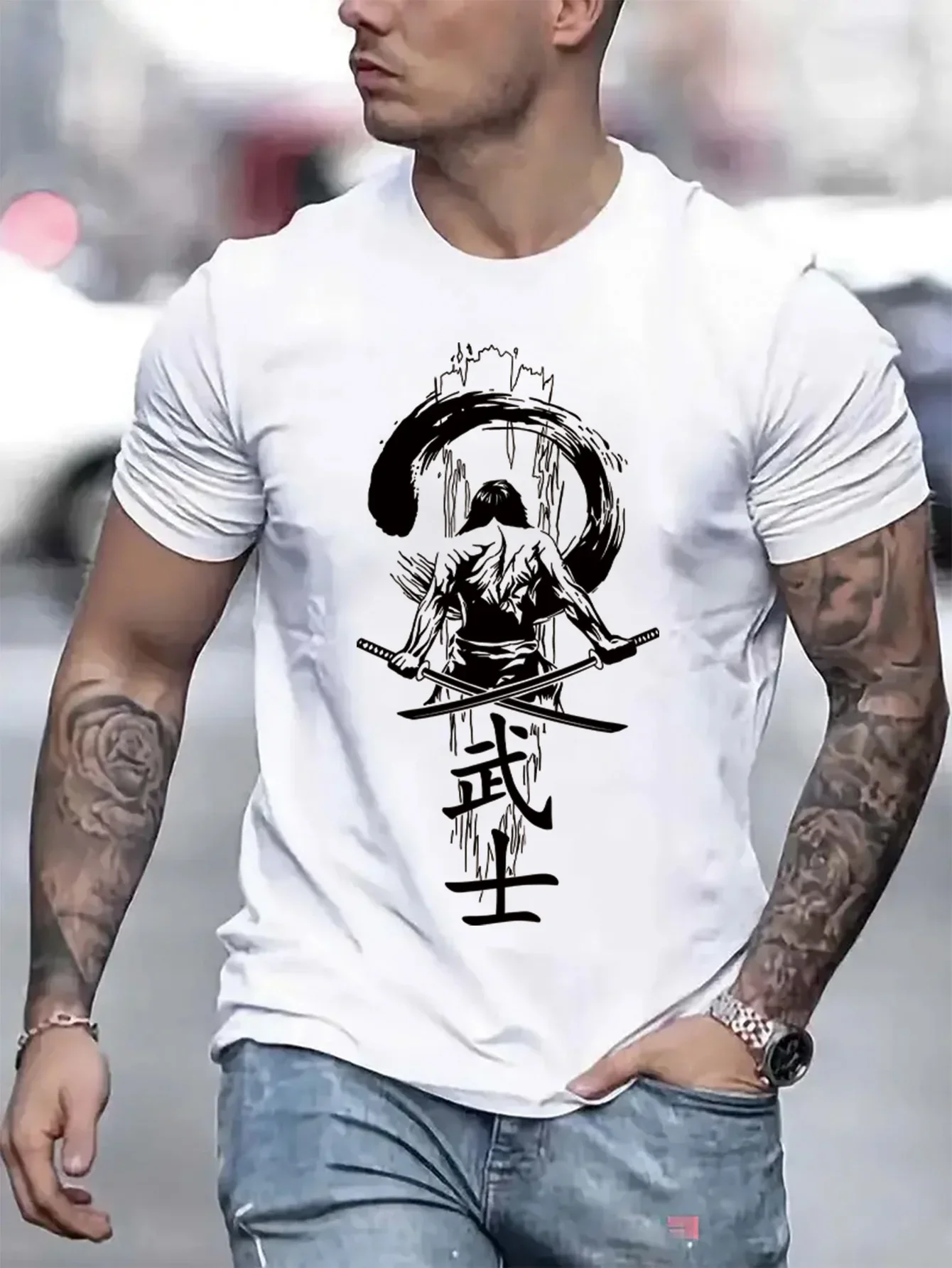 Men's Kids Summer Cotton Fashionable Casual Sports Loose Japanese Samurai Pattern Printed Round Neck Short Sleeve T-shirt Top