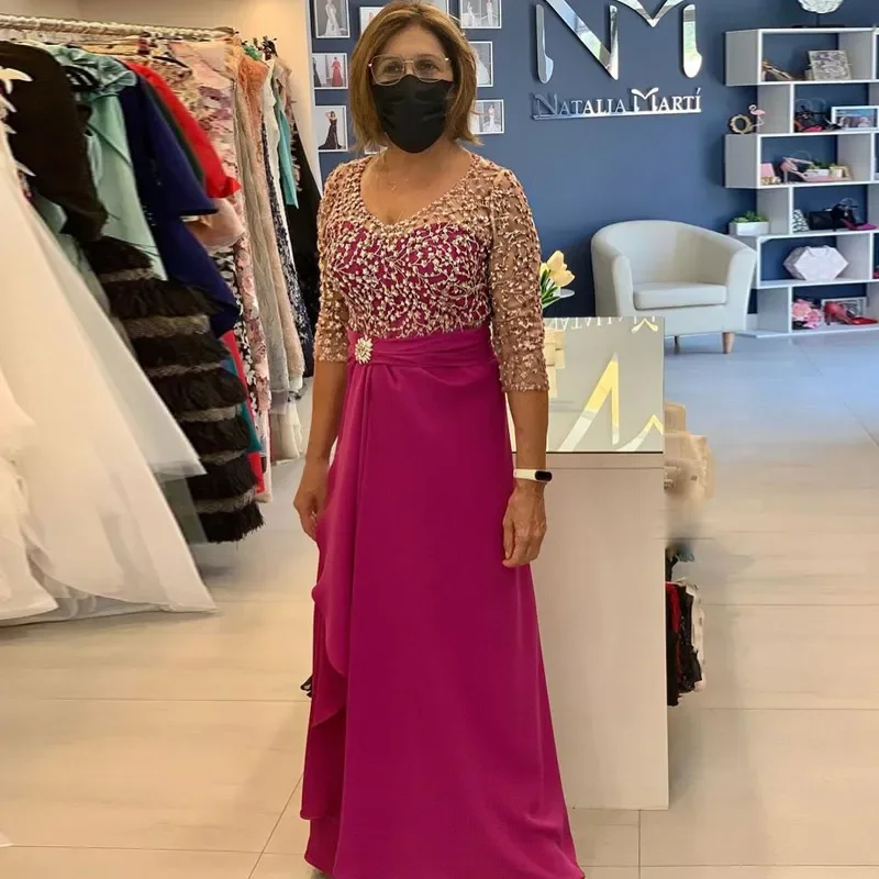 Elegante Top de encaje fucsia para madre de la novia, vestidos de gasa de media manga hasta el suelo, vestidos de invitados de boda 2024