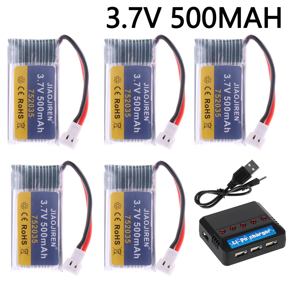 3.7V 500mAh 752035 baterai Lipo dengan pengisi daya untuk H107 H31 KY101 E33C E33 RC Drone suku cadang helikopter 3.7V 1S baterai XH2.54