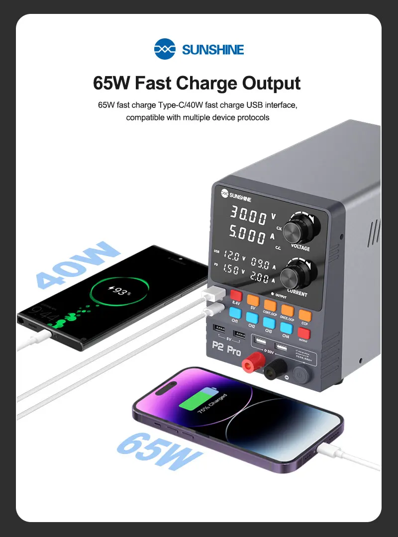 SUNSHINE P2 PRO Intelligent Regulated DC Power Supply 30V 5A Voltage Regulator 65W Fast Charge Type-C 40W Fast Charge USB Port