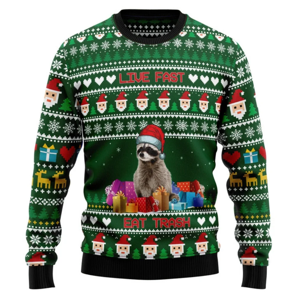 

Funny Racoon 3D Printed Ugly Christmas Round Neck Long Sleeved Sweatshirt Street Casual Winter Animal Unisex Sweatshirts Men Top