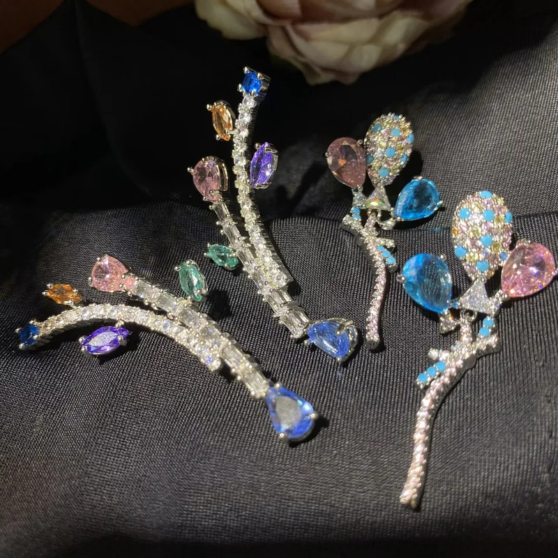 Colorful Balloon Cubic Zirconia Branch Earrings Women Elegant Long Dangle Earrings Daily Wear Fashion Jewelry