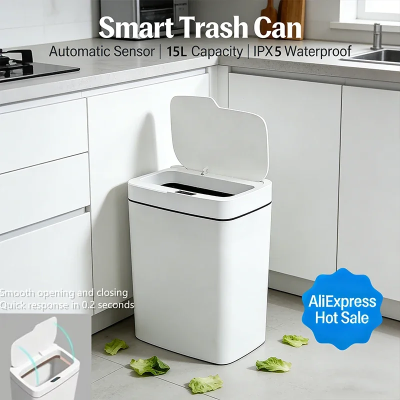 

15-Liter Smart Trash Can Automatic Touchless, Waterproof Sensor Trash Bin for Bathroom Kitchen Bedroom, Odorless Modern Basket