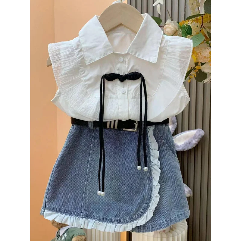 

Girls' Princess Style Suit Summer New Type Baby Girl Flounced Sleeve Shirt+Denim Lace Culottes Two-Piece Suit