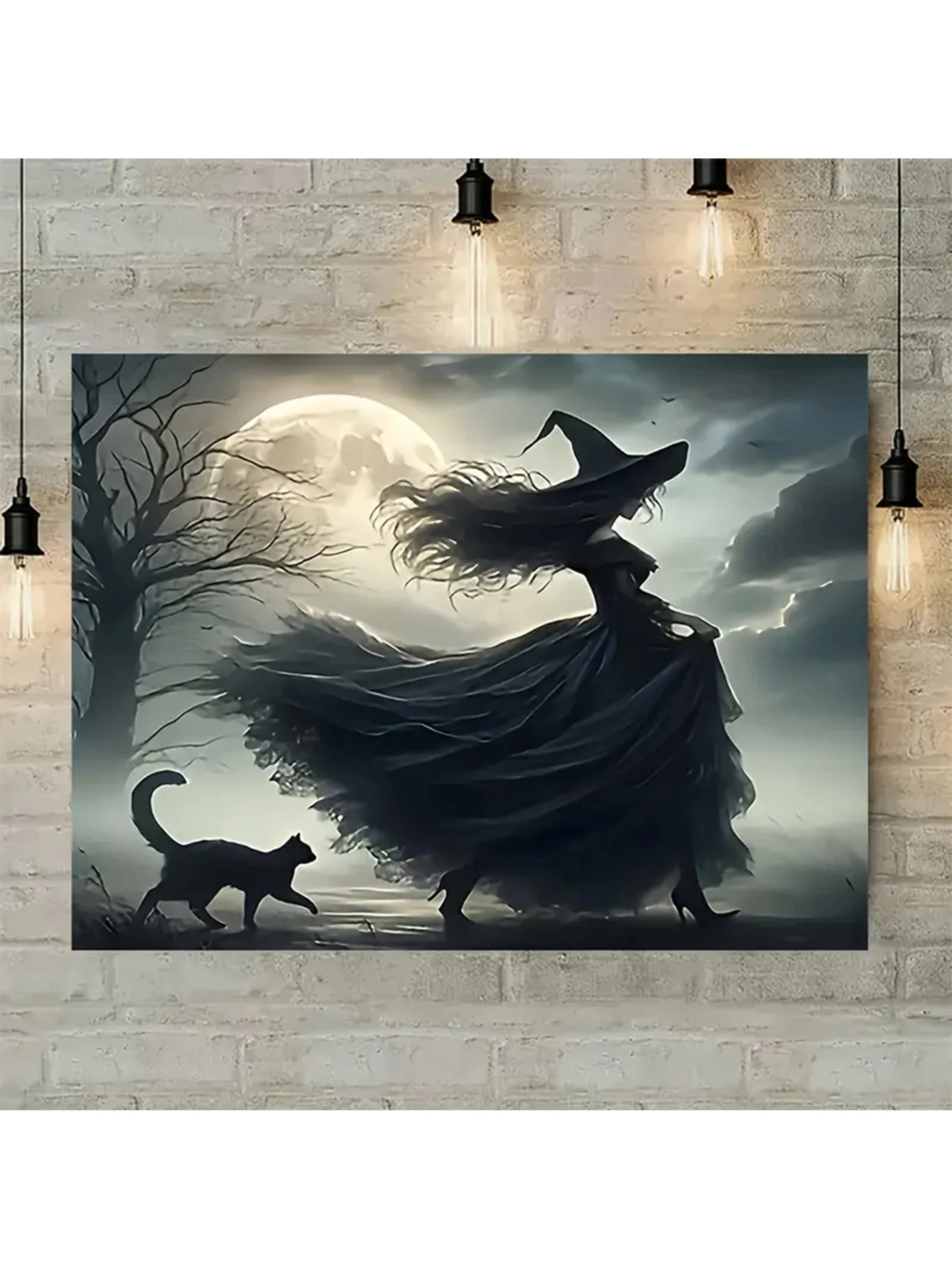 1pcs Witch and Black Cat Strolling in Frameless Canvas Art, Gothic Halloween Poster, Retro Dark Aesthetic Home Wall Decoration