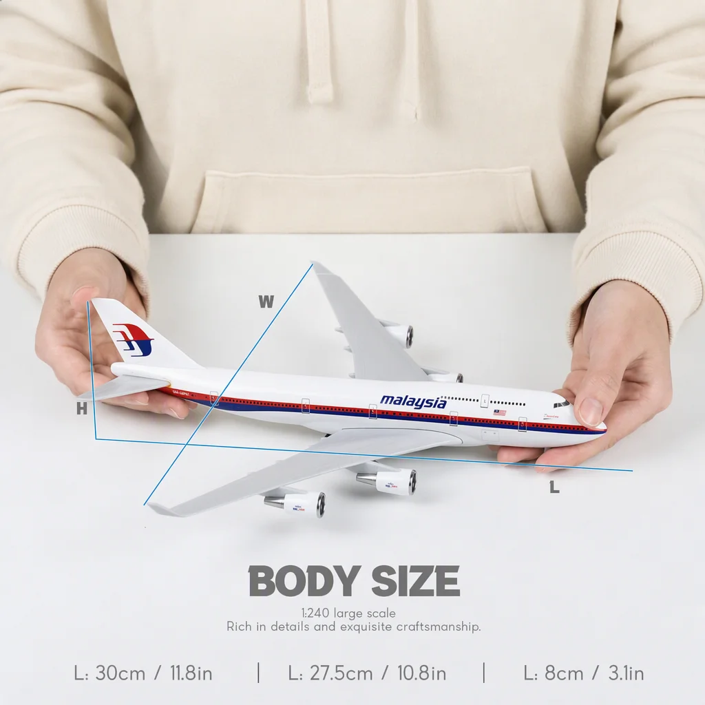 30cm 1:240 Scale Malaysia Airlines B747 Plane Model Resin Aircraft with Stand Landing Gear Desktop Display Collectible Gift