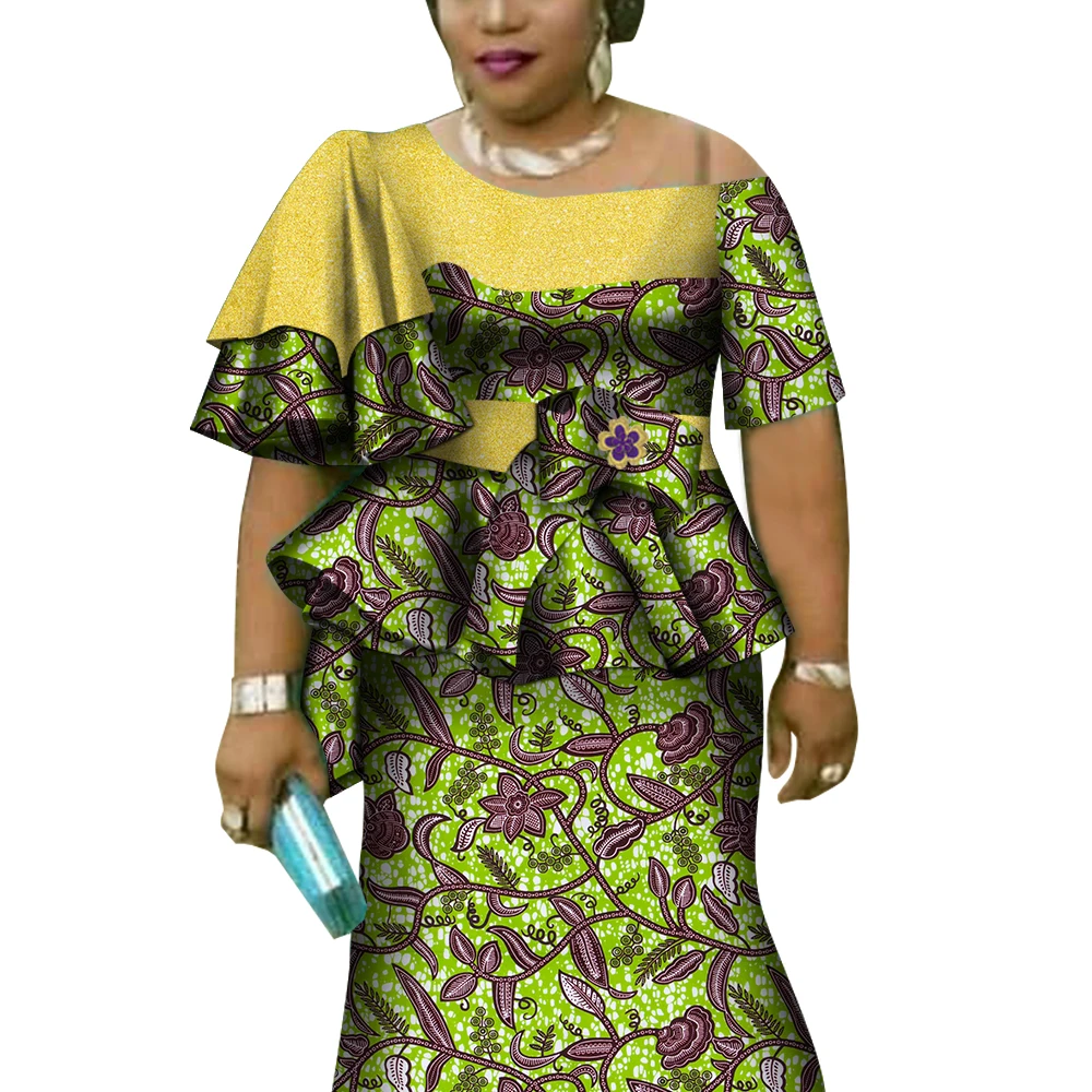 African Ruffles Sleeve Print Tops and Skirt Sets for Women Bazin Riche African Clothing 2 Pieces Customize Skirts Sets WY4392