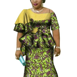 African Ruffles Sleeve Print Tops and Skirt Sets for Women Bazin Riche African Clothing 2 Pieces Customize Skirts Sets WY4392