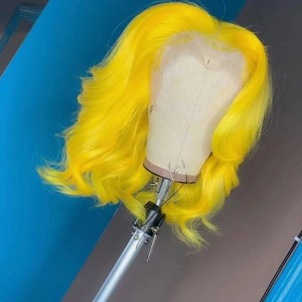 WIF Yellow Colored Short Bob Wavy Synthetic Lace Wig Ombre Yellow Bob Fiber Hair Body Wave Lace Frontal Wigs Makeup Cosplay Use