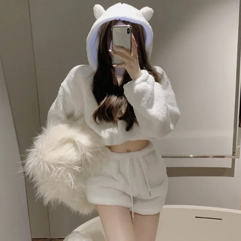 Autumn Winter Women Pajamas 2 Piece Sets Kawaii Shorts Soft Plush Bear Ears Hooded Homewear High Waist Girls Hoodies Clothing