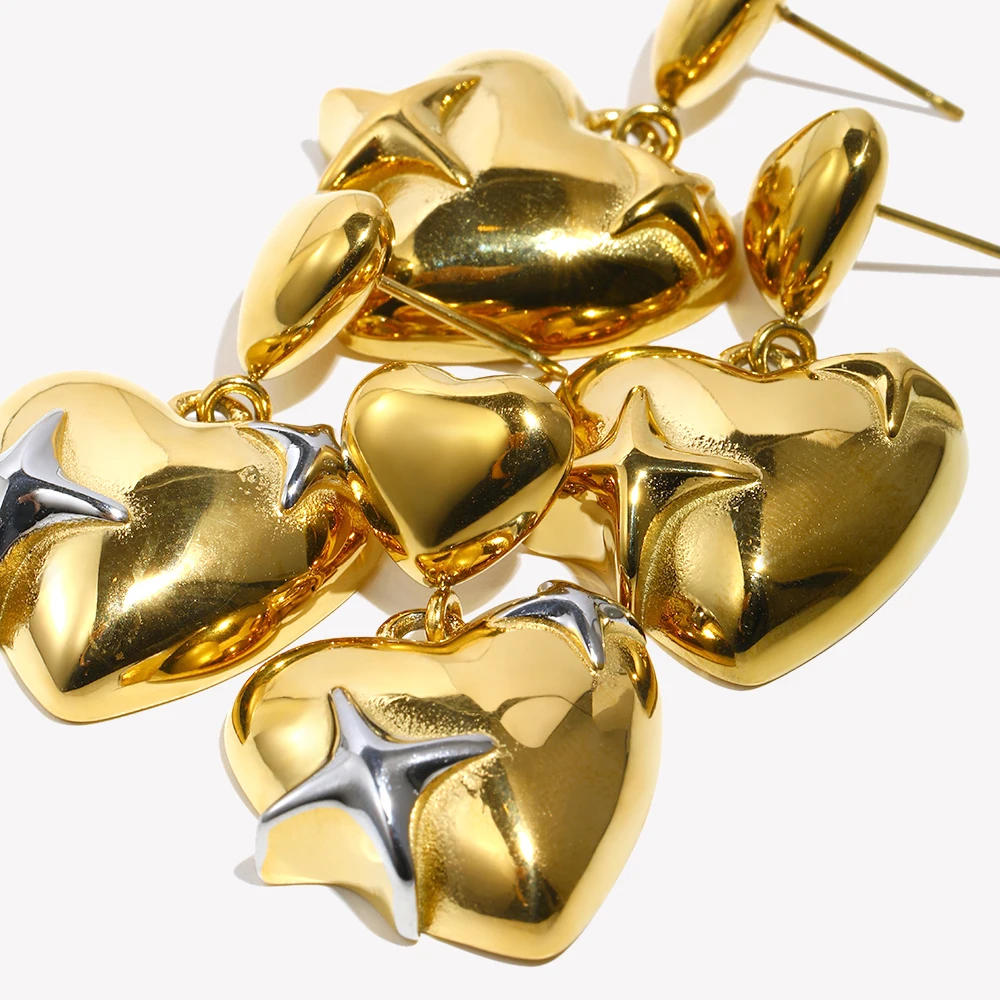 E.B.belle 더블 하트 펜던트 스터드 귀걸이 18k 골드 도금 스테인레스 스틸 쥬얼리 여성용 파티 데이트 패션 참