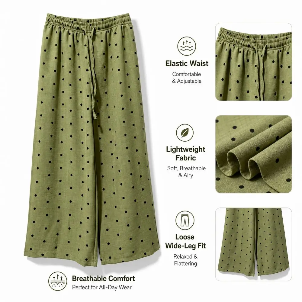 Fashion Polka Dot Pattern Wide-Leg Pants High Waisted Lightweight Polka Dot Pants Breathable Long Trousers