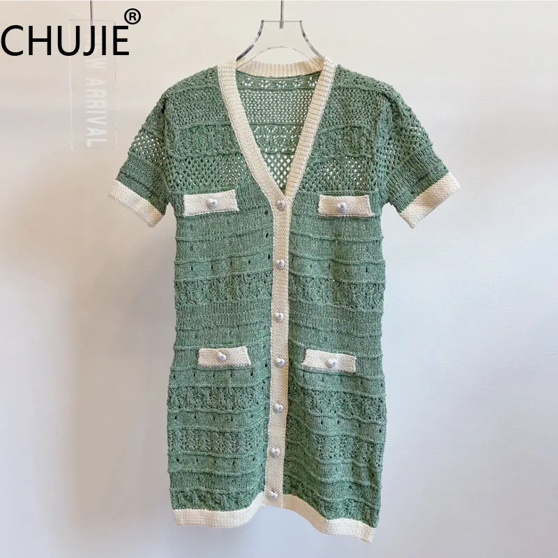 CHUJIE Französisches Strickkleid mit V-Ausschnitt und Kontrastbesatz, durchsichtiges, figurbetontes Minikleid SS25