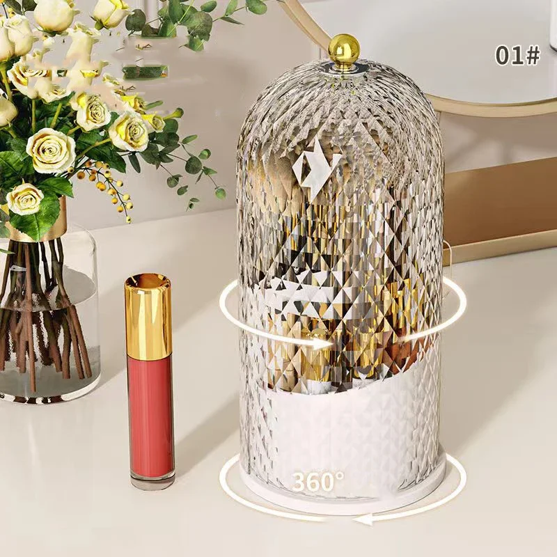 Makeup Brush Holder with Lid Diamond Birdcage 360° Rotating Makeup Organizer Dustproof Cosmetics Storage Box Lipstick Container