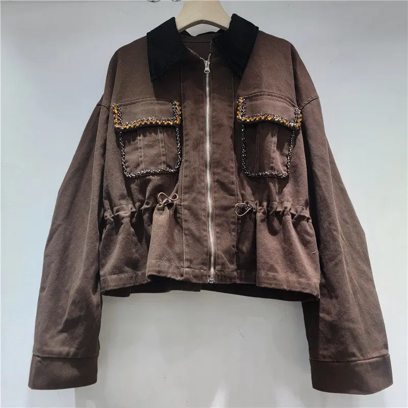 

Осенняя женская корейская контрастная цветная лоскутная короткая джинсовая куртка с большим карманом и завязками на талии, джинсовая куртка с длинными рукавами, пальто