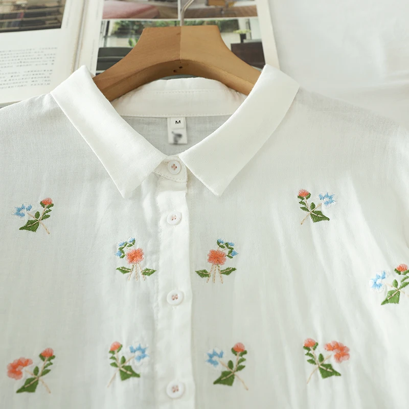 Spring Summer Double Cotton Half Sleeve Blusa Tops Women Clothes White Color Floral Embroidered Loose Soft Shirts & Blouses U347