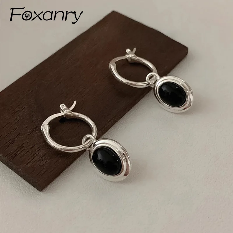 Foxanry Prevent Allergy Drop Earrings for Women Couples Korean Cute Trendy Elegant Bkack Ball Geometric Handmade Party Jewelry