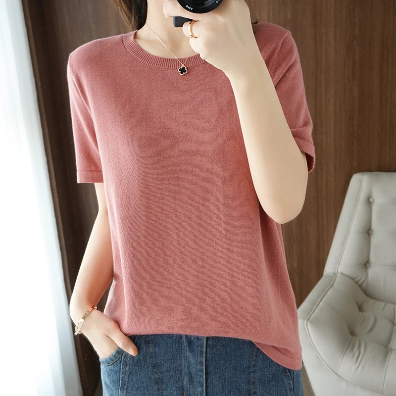 2026 New Women's Short Sleeve 100% Cotton O-neck Knitted T-shirt Solid Color Fashion Basic Short Sleeve Hot Sale
