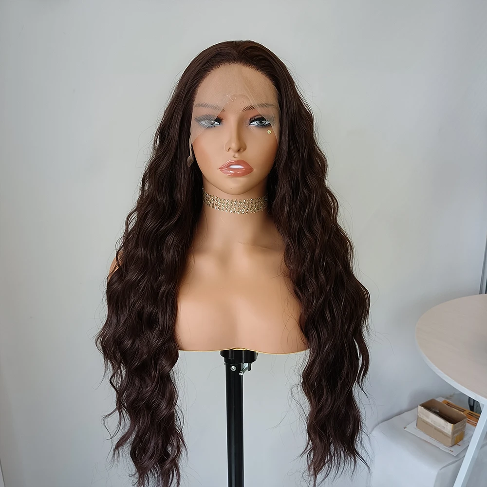 

FANXITION Dark Brown Synthetic Lace Front Wigs for Black Women Long Body Wave Synthetic Hair Wig Natural Looking Daily Wear Wig