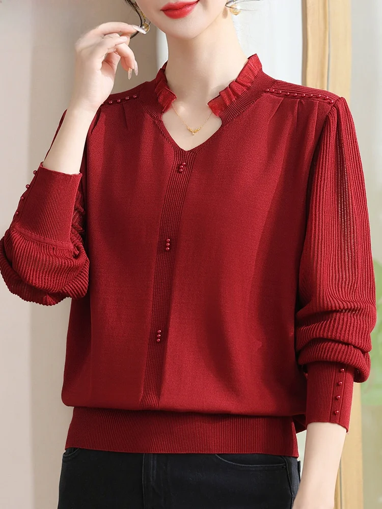 

Весенний вязаный свитер для женщин среднего возраста, красный, модный, свободного кроя, с V-образным вырезом, из смесового полиэстера, повседневная одежда