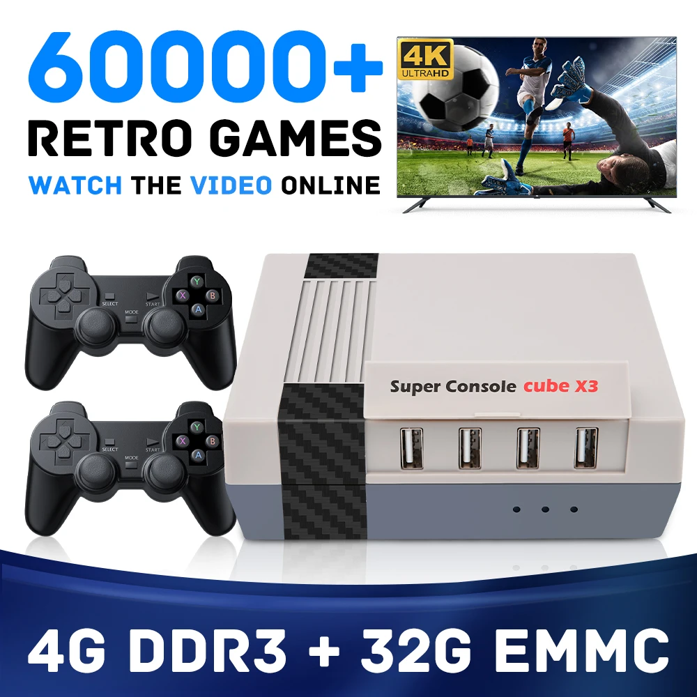 

KinHank 4K HD Retro Video Game Consoles Super Console X CUBE X3 Portable Mini TV Game Box 60000+ Games For SS/MAME/SNES 5G WIFI