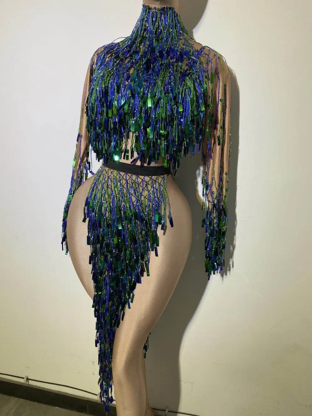 Showgirl Performance Costumes Sexy Sequins Bare leg Dancer with Tassel Stage Dress Party Women Backless Nightclub Dress