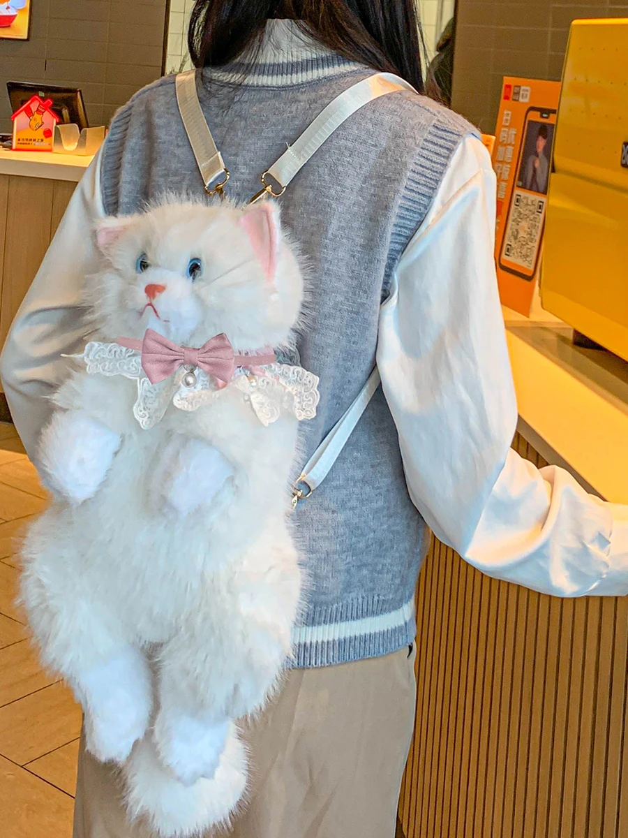 かわいい猫のぬいぐるみリュックサック、大容量ショルダーバッグ、女の子向け、若々しいソフトハンドル、ジッパー開閉、キャンバス裏地、ペット愛好家へのギフト