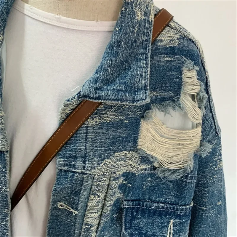 

Весенне-осенние женские джинсовые куртки средней длины с отверстиями, свободная ковбойская верхняя одежда, корейская винтажная синяя джинсовая куртка с большим карманом, женское пальто