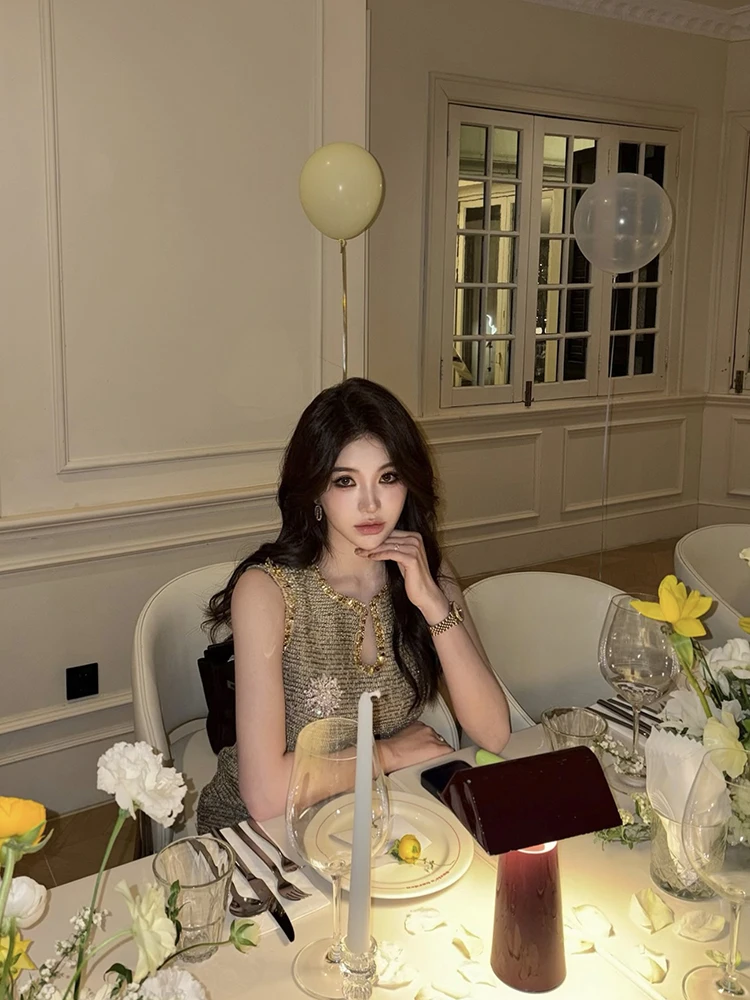 

Ele PiRui Women's Dr with Chest Flower Design Faionable Gold Tead High-End Feeling Cotton Blend Fabric