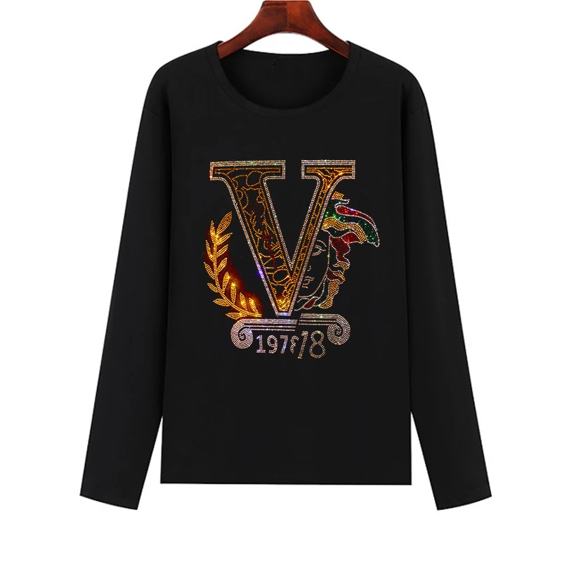 Hot selling fashionable diamond women's T-shirts Spring and Autumn long-sleeved hot diamond printing diamond flash diamond