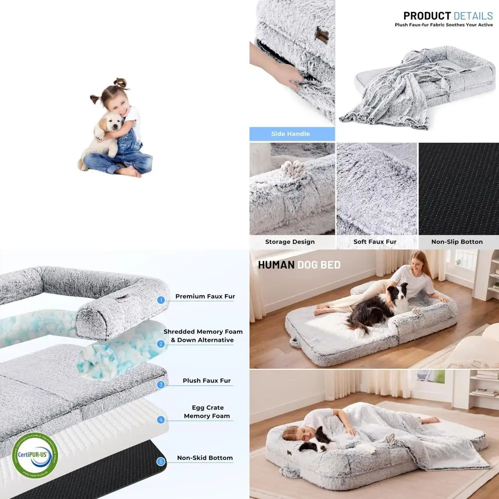 

XL Складная ортопедическая кровать для собак 2-в-1 из пены с эффектом памяти и одеялом из искусственного меха, серая, 54x38x8,5