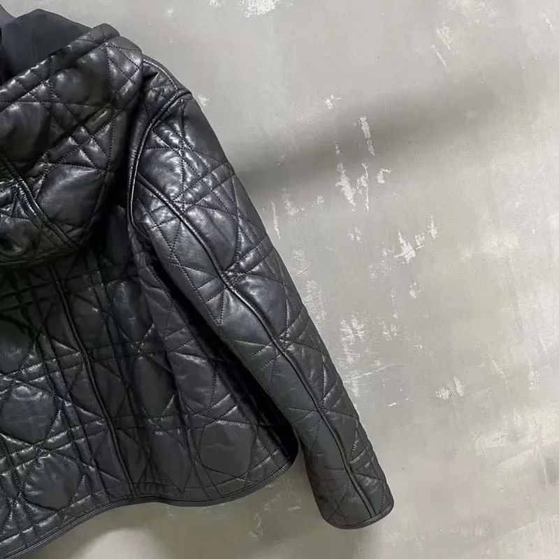 Chaqueta de cuero genuino con capucha, abrigo de piel de oveja auténtica Natural con entramado de diamantes, nueva moda para invierno y otoño 2024