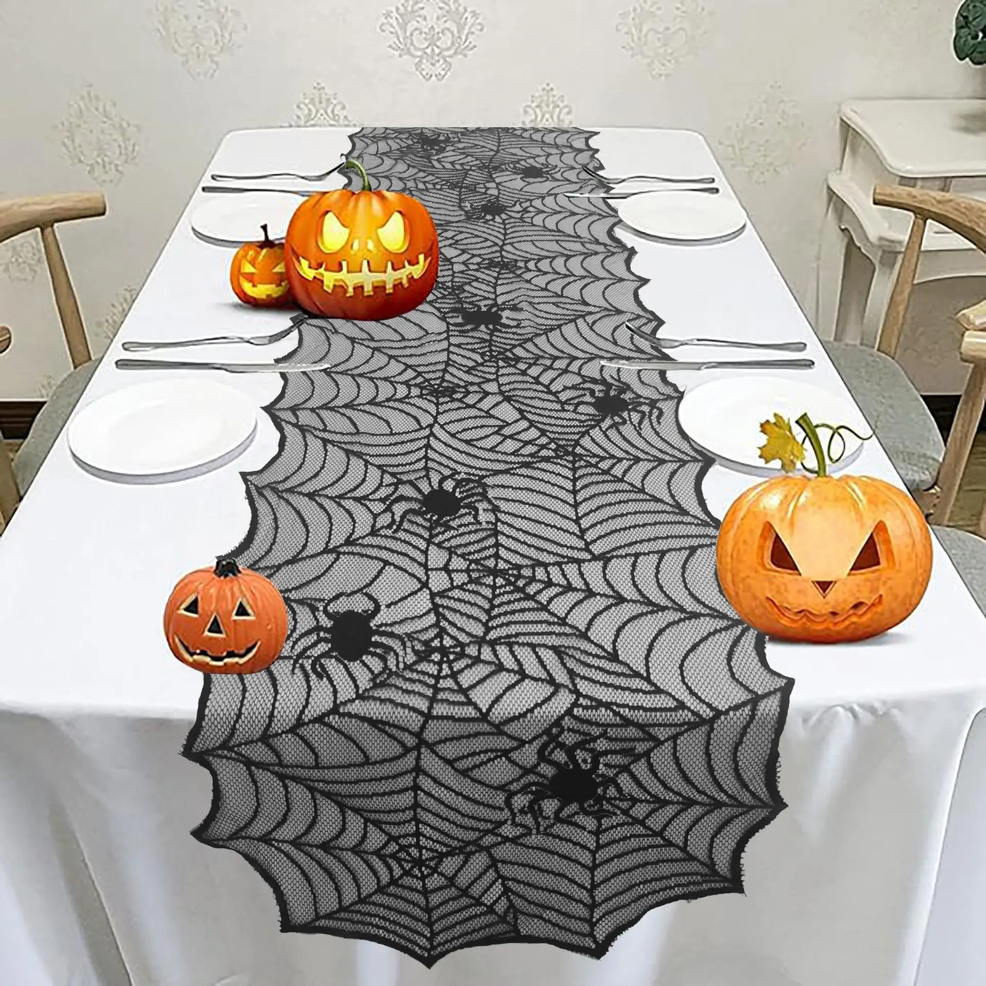 

Halloween Black Spider Web Lace Table Runner Gothic Style Table Cloth Home Party Dining Table Decor Spooky Festival Decoration